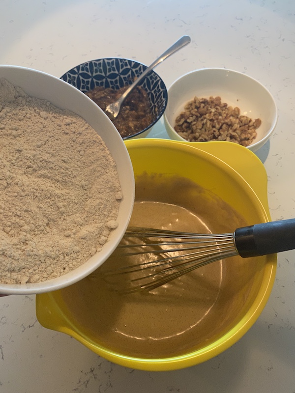 Folding in dry ingredients to banana bread batter